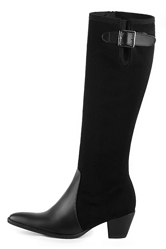 Satin black women's knee-high boots with buckles. Tapered toe. Medium cone heels. Made to measure. Profile view - Florence KOOIJMAN
